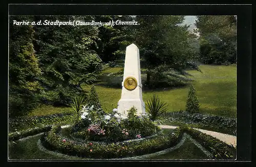 AK Chemnitz /Sa., Partie am Stadtpark mit Denkmal