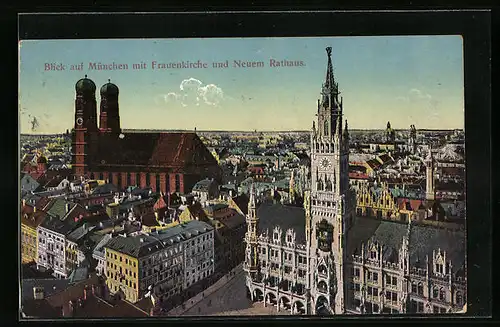 AK München, Teilansicht mit Frauenkirche und Neuem Rathaus