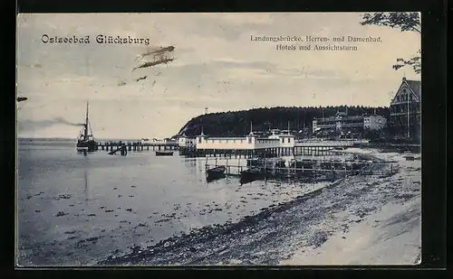 AK Glücksburg, Landungsbrücke mit Bädern, Hotels und Aussichtsturm