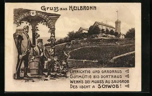 Künstler-AK Heilbronn, Pause nach der Weinernte, Haus mit Turm