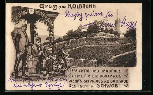 Künstler-AK Heilbronn, Pause nach der Weinernte, Anwesen mit Turm