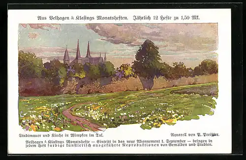 Künstler-AK Wimpfen im Tal, Stadtmauer und Kirche