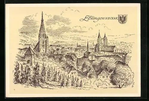 Künstler-AK Esslingen /Neckar, Ortsansicht aus der Vogelschau, Wappen
