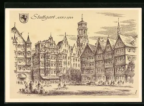 Künstler-AK Stuttgart, Ortspartie im Jahr 1944, Wappen
