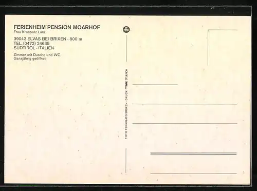 AK Elvas b. Brixen, Ferienheim Pension Moarhof mit Innenansichten