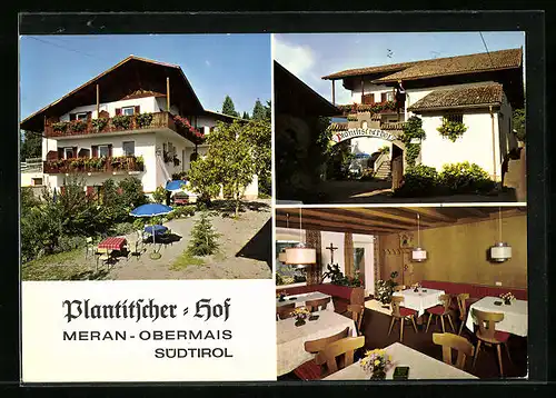 AK Meran-Obermais, Pension Plantitscherhof mit Innenansicht in der Dantestrasse 56