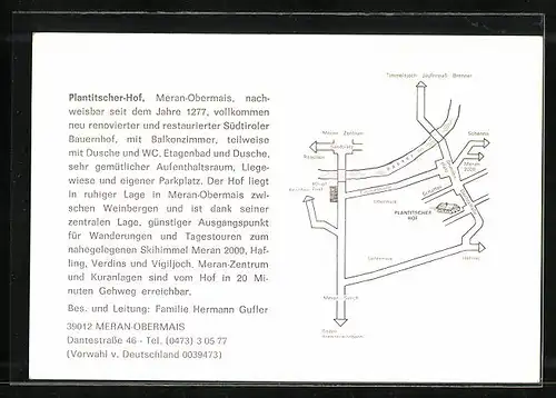 AK Meran-Obermais, Pension Plantitscherhof mit Innenansicht in der Dantestrasse 56