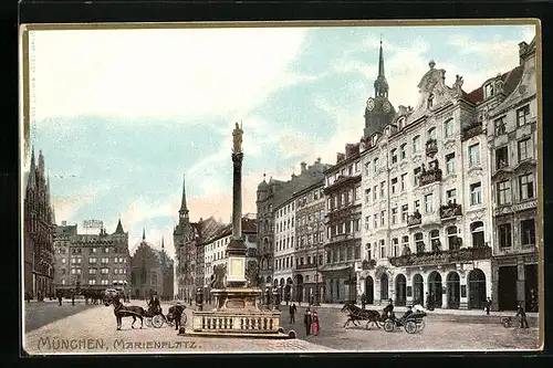 Präge-AK München, Marienplatz mit Kutschen