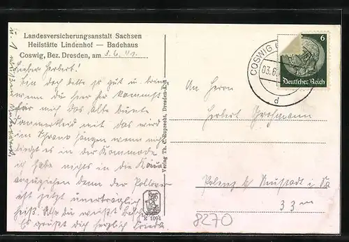 AK Coswig, Heilstätte Lindenhof mit Badehaus