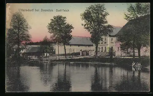 AK Ullersdorf b. Dresden, Dorf-Teich mit Kindern
