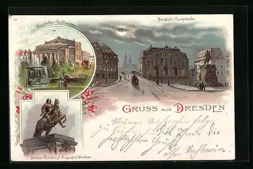 Mondschein-Lithographie Dresden, Neustädter Hoftheater mit Hauptwache