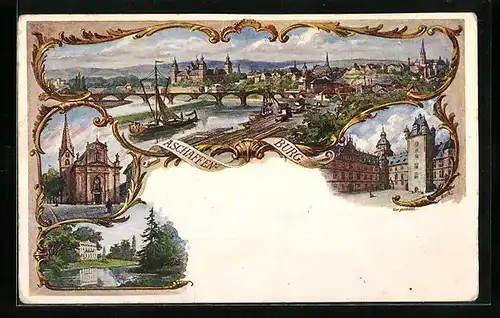 Künstler-AK Aschaffenburg, Uferpartie mit Brück und Schiff, Kirche