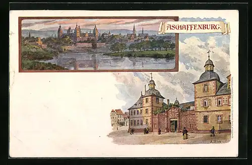 Künstler-AK Aschaffenburg, Ortsansicht, Partie am Tor
