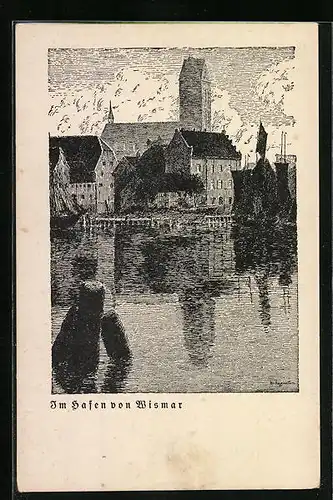 Künstler-AK Wismar, Im Hafen von Wismar