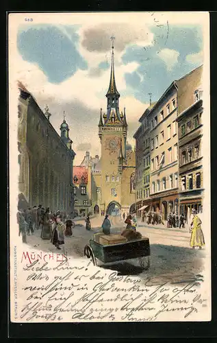 Lithographie München, Marienplatz mit Karren und Passanten