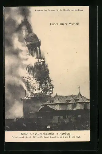 AK Hamburg-Neustadt, Brand der Hauptkirche St. Michaelis 1906-Einsturz des Turmes
