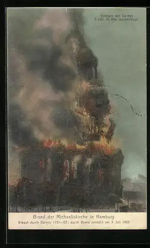 AK Hamburg-Neustadt, Brand der Kirche St. Michaelis 1906-Einsturz des Turmes