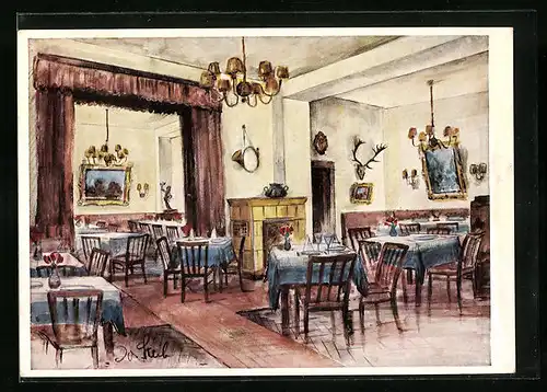 Künstler-AK München, Restaurant Halali in der Schönfeldstrasse 22, Innenansicht