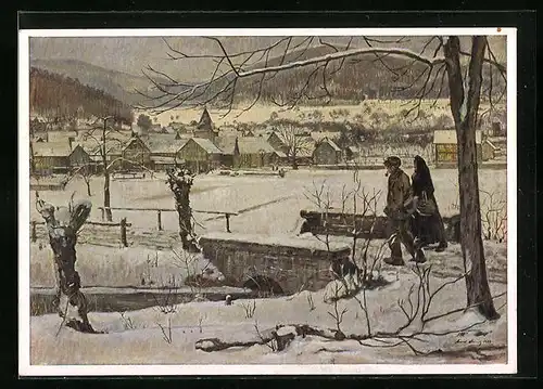 Künstler-AK Erdhausen, Ortsansicht im Winter