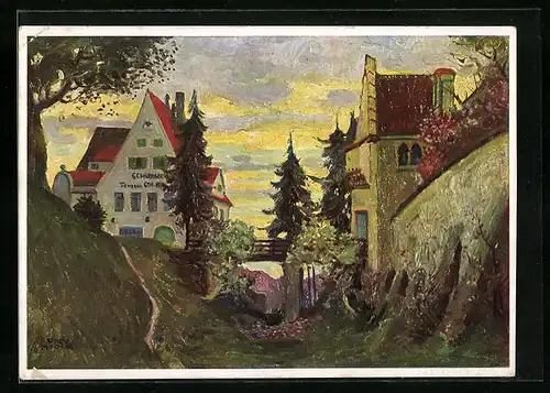Künstler-AK Grünwald i. Isartal, Schlosshotel und Terrassencafé