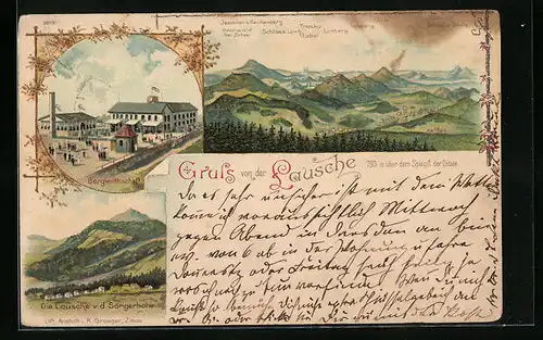 Lithographie Waltersdorf, Berggasthof Lausche, Gebirgspanorama, Ansicht v. d. Sängerhöhe