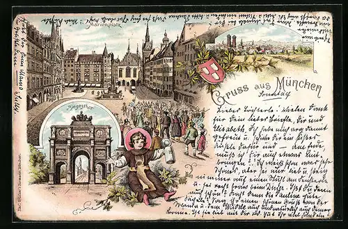Lithographie München, Marienplatz, Siegesthor, Totalansicht, Münchner Kindl