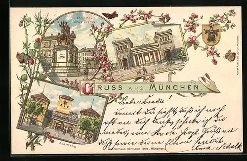 Lithographie München, Denkmal König Ludwig I., Propyläen, Isarthor