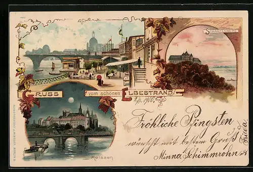 Lithographie Meissen, Promenade am Elbestrand, Scharfenberg