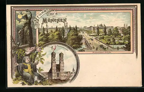 Lithographie München, Maximiliansbrücke, Frauenkirche, Denkmal mit Münchner Kindl