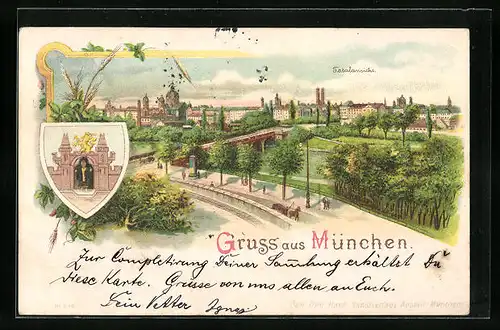 Lithographie München, Totalansicht mit Wappen