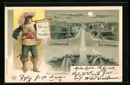 Lithographie München, Blick von der Luitpoldbrücke, Trompeter im Mondschein