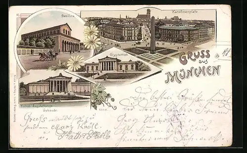 Lithographie München, Basilica, Karolinenplatz, Glyptothek, Kunst-Ausstellungs-Gebäude