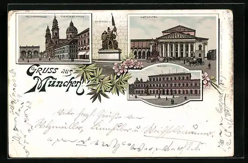 Vorläufer-Lithographie München, 1895, Feldherrnhalle, Theatinerkirche, Armeedenk., Hoftheater, Residenz