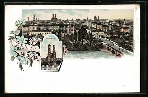 Lithographie München, Frauenkirche, Stadtpanorama