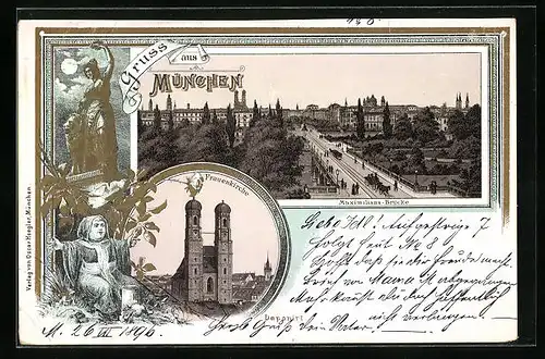 Lithographie München, Frauenkirche und Maximilansbrücke, Münchner Kindl
