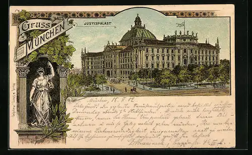 Lithographie München, Strassenpartie am Justizpalast, Bavaria