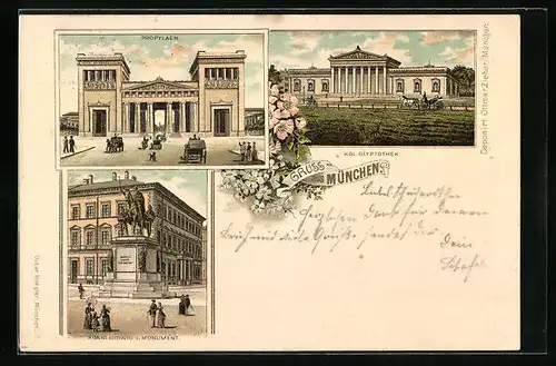 Vorläufer-Lithographie München, 1894, Propyläen, Kgl. Glyptothek, König Ludwig I. Monument