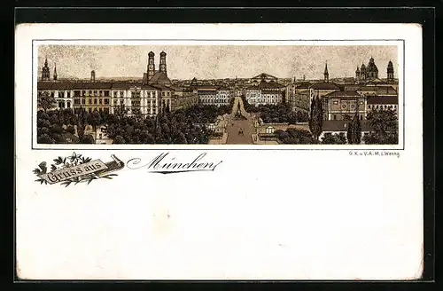Lithographie München, Totalansicht aus der Vogelschau
