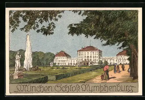 Steindruck-AK München, Brunnenfontäne vor dem Schloss Nymphenburg