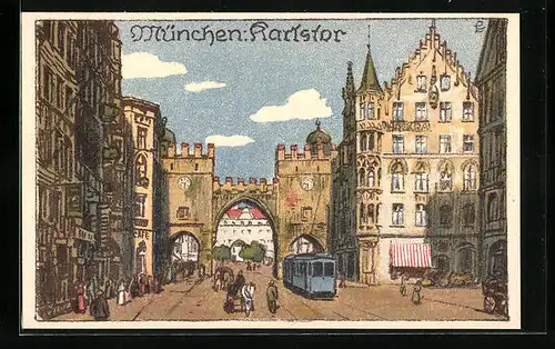 Steindruck-AK München, Strassenpartie am Karlstor