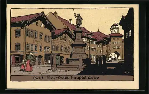 Steindruck-AK Bad Tölz, Denkmal in der oberen Hauptstrasse