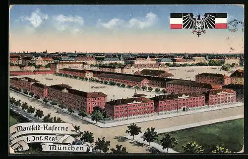 Künstler-AK München, Marsfeld-Kaserne des 1. Infanterie-Regiments aus der Vogelschau