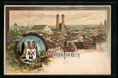 Lithographie München, Stadtpanorama mit Frauenkirche, Münchner Kindl