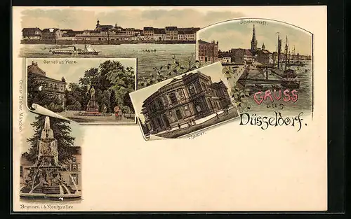 Lithographie Düsseldorf, Cornelius Platz, Theater und Rhein-Werft