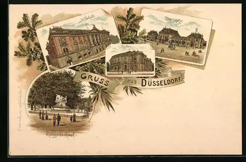 Lithographie Düsseldorf, Tonhalle, Hauptbahnhof, Theater und Kriegerdenkmal