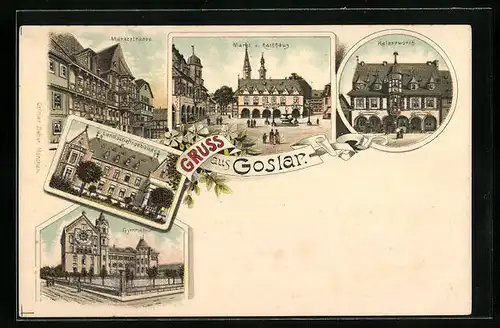 Lithographie Goslar, Markt und Rathaus, Marktstrasse, Kaiserworth