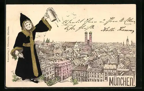 AK München, Ortsansicht mit Frauenkirche und Münchner Kindl mit Bierkrug
