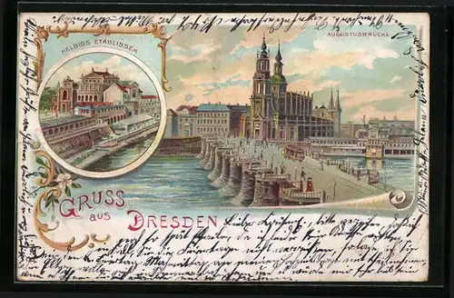 Lithographie Dresden, Augustusbrücke und Helbigs Etablissement
