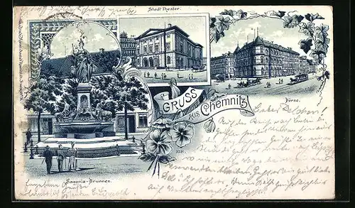 Lithographie Chemnitz, Saxonia-Brunnen, Stadt-Theater, Börse mit Pferdebahn