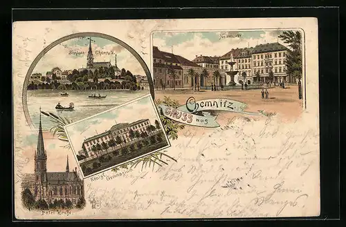 Lithographie Chemnitz, Schloss, Neumarkt, Petrikirche